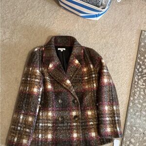 NorthStyle Plaid Pea Coat - Brown, Cream, Pink